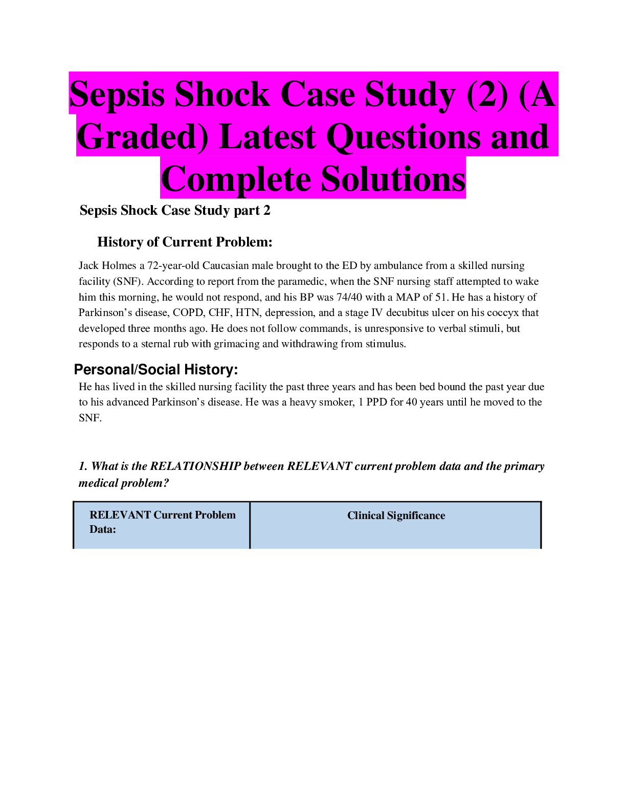 Preview of Sepsis Shock Case Study (2) (A Graded) Latest Questions and Complete Solutions